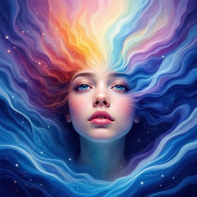 The primary subject of the image is a woman with blue eyes, who is surrounded by a vibrant and colorful background. The setting appears to be a space or an abstract environment, with a mix of blue, pink, and yellow colors. The visual style of the image is a digital art or illustration, which adds to the overall atmosphere of the scene. The woman's eyes are the focal point of the image, and her expression is one of beauty and tranquility.